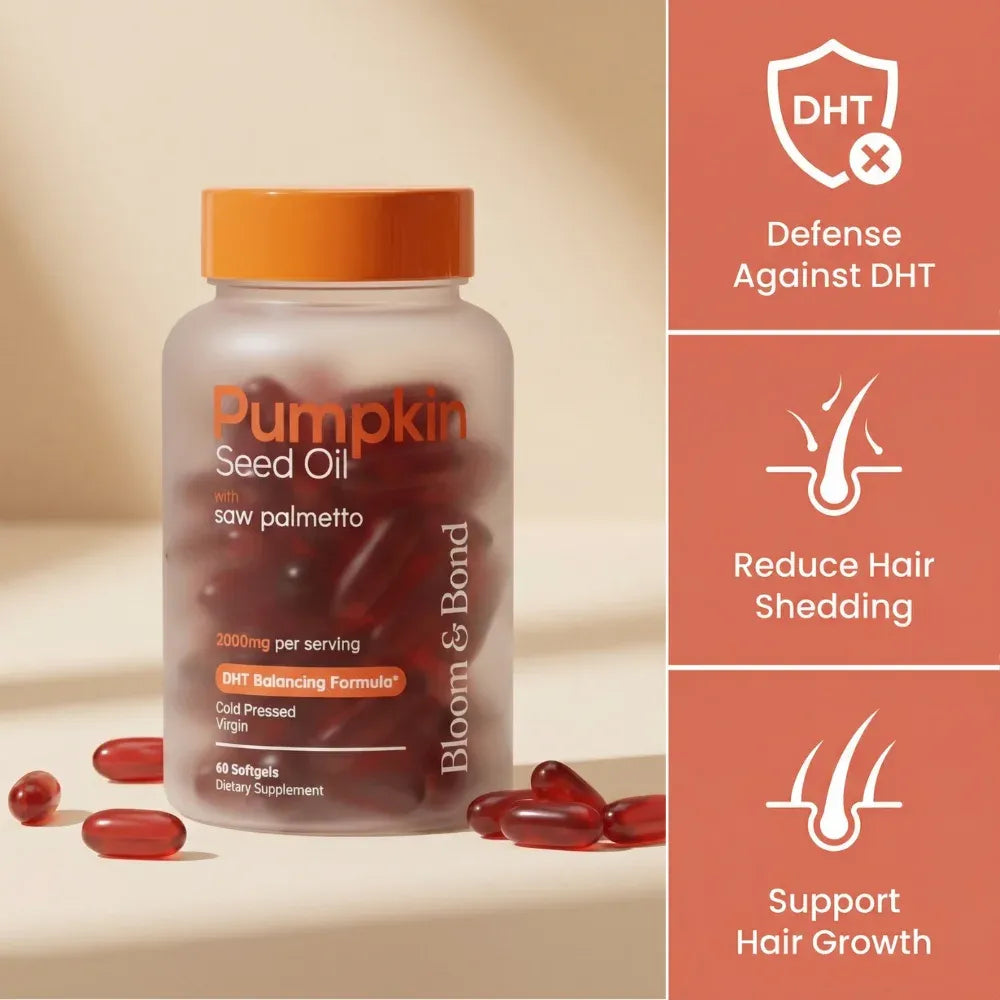 Bloom & Bond® Pumpkin Seed Oil with Saw Palmetto for Women [2000mg per Serving] - Cold-Pressed Organic Softgels for Healthy Hair & Scalp - Supports Fuller-Looking Hair - Plant-Based Supplement